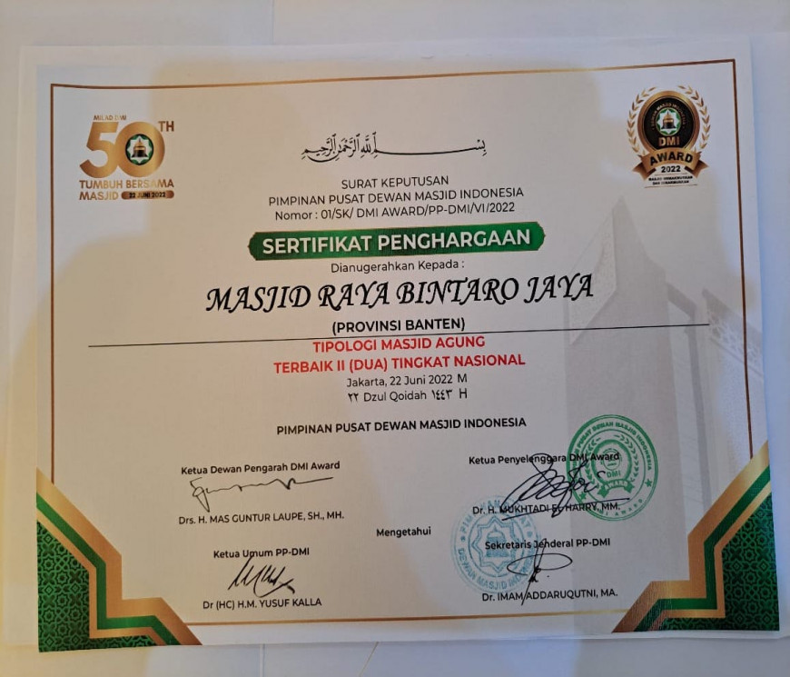Selamat Kepada Masjid Raya Bintaro Jaya, Tipologi Masjid Agung Terbaik II TIngkat Nasional